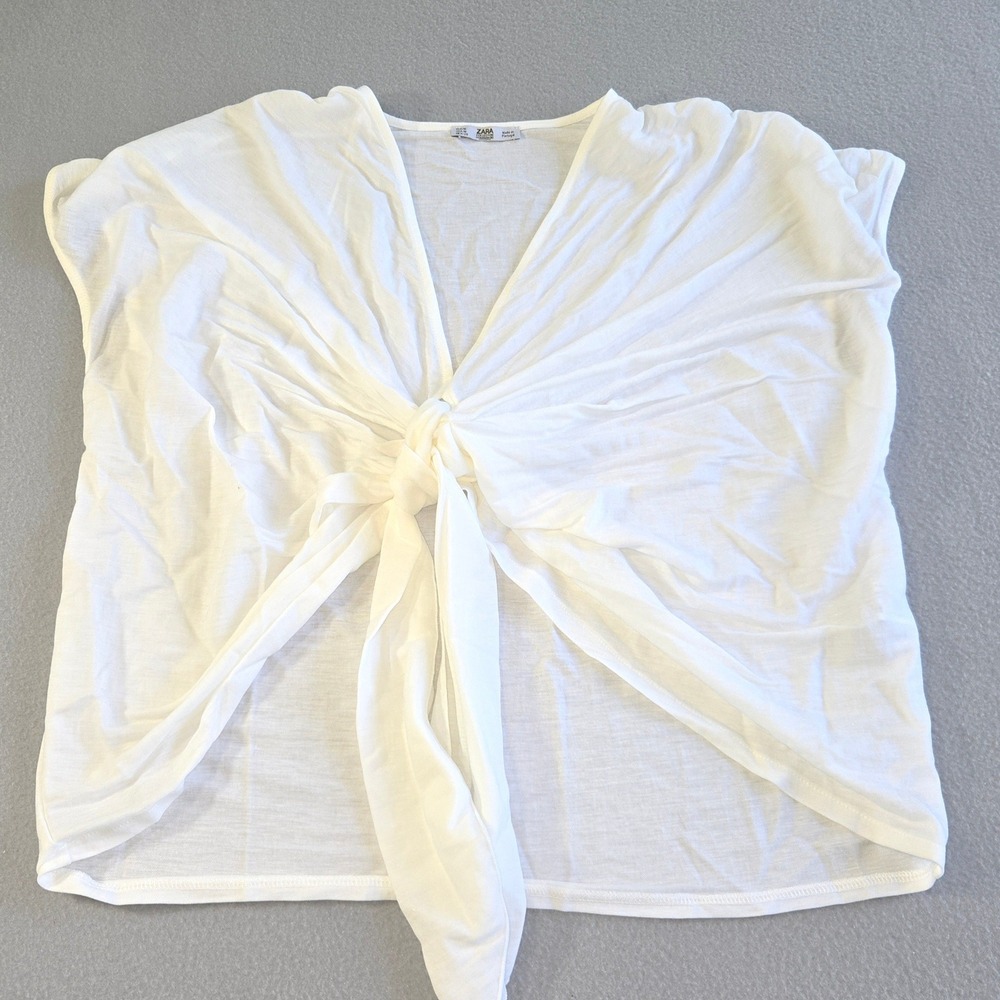 Zara Top Women Medium White Front Knot Draped V-Neck‎ Sleeveless Basic Portugal